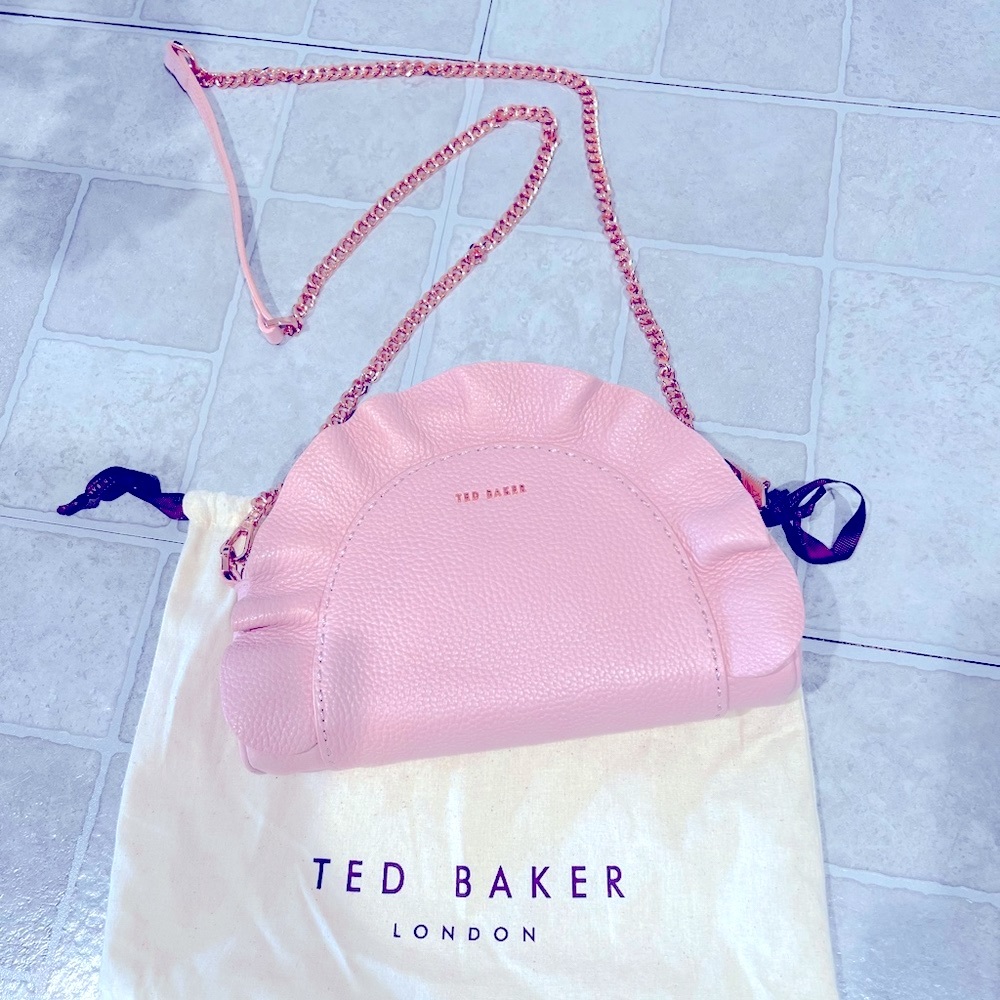 TED BAKER PINK BLUSH RUFFLE LEATHER CLUTCH HANDBAG WITH CHAIN SHOULDER STRAP